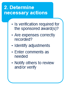 Determine necessary actions. Is verification required? Are expenses correctly recorded? Identify adjustments and enter comments as needed. Notify others to review or verify. 