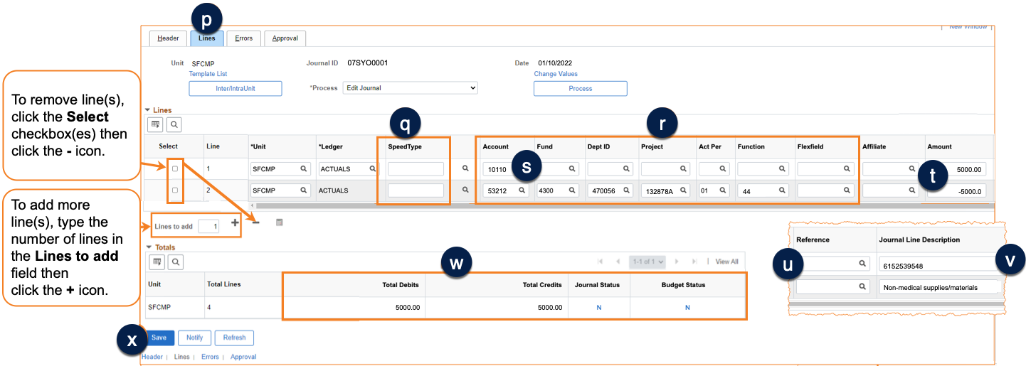 Computer image showing journal information entered in PeopleSoft.