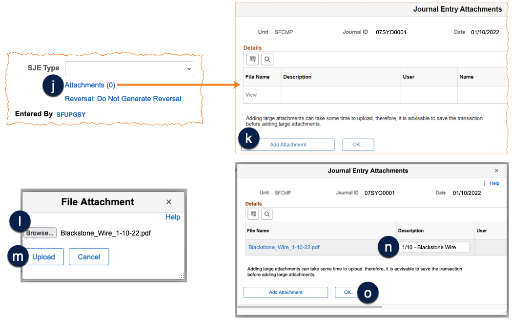 Series of images denoting the file attachment process.