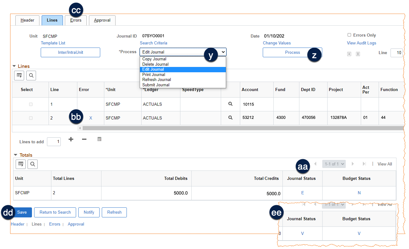Computer image showing the edit journal process in peoplesoft.