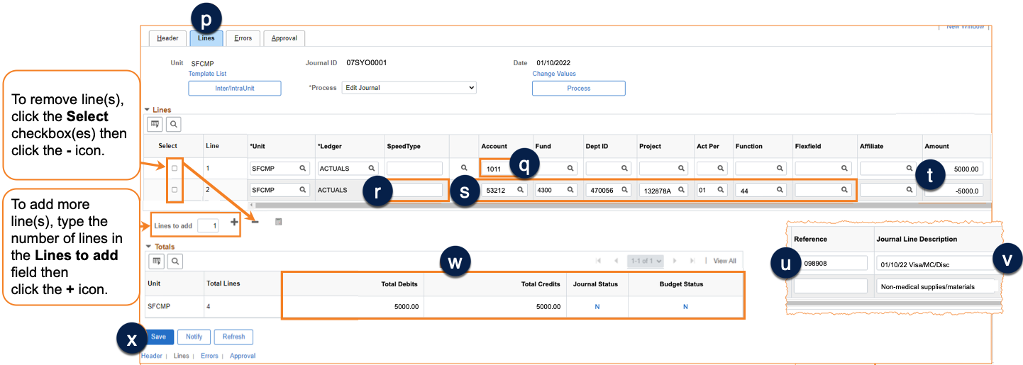 Computer image showing financial entries on the peoplesoft journal lines tab.