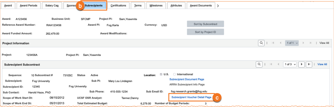Screenshot: RAS Subrecipients tab showing link to Subrecipient Voucher Detail Page