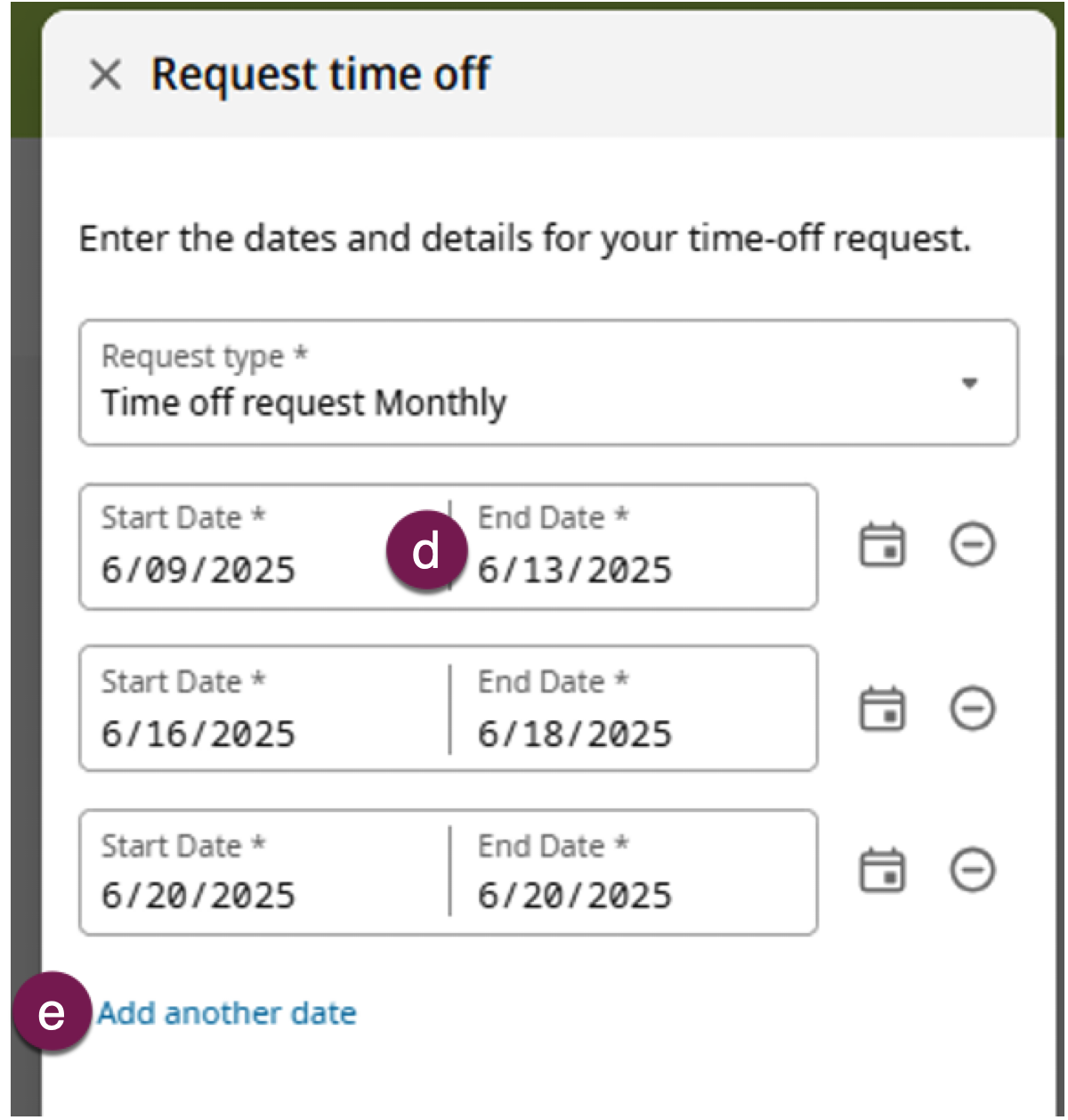 Image showing how to complete time entry on the request time off slider.