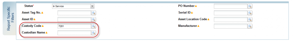 Custody Code and Custodian Name highlighted in Report Specific Filters