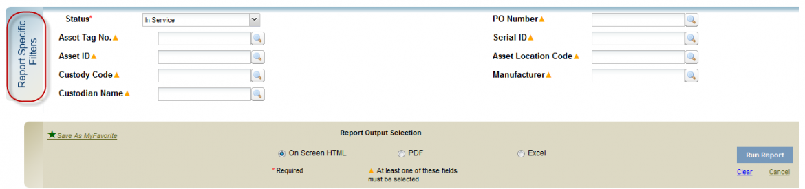 Report Specific Filters for the Asset Management Report