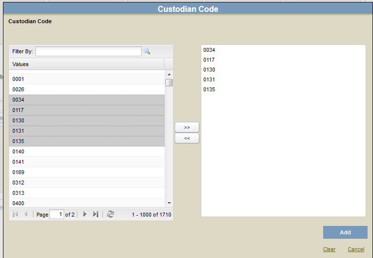 Custodian Code pop-up filter