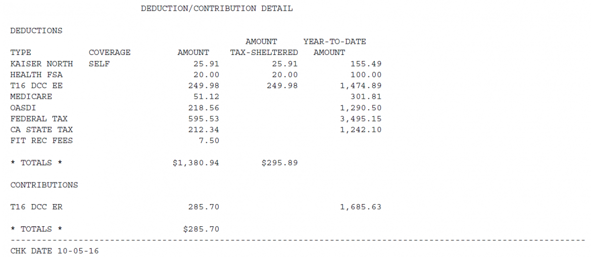 Earnings Statement Deduction/Contribution Section