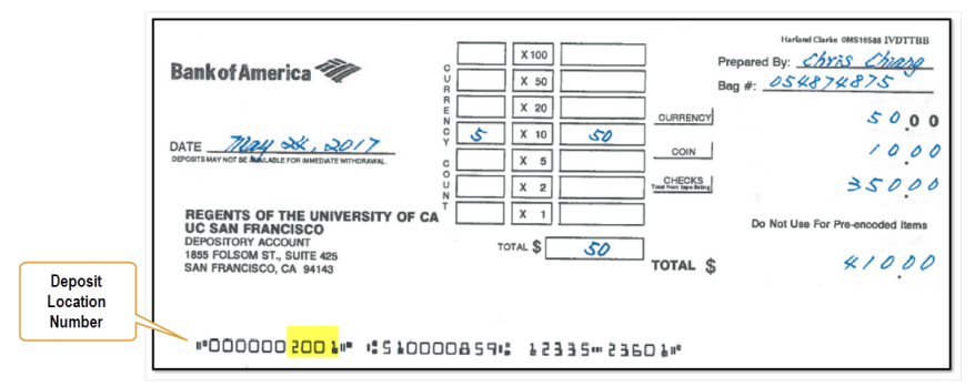 Sample image of deposit slip with deposit location number highlighted