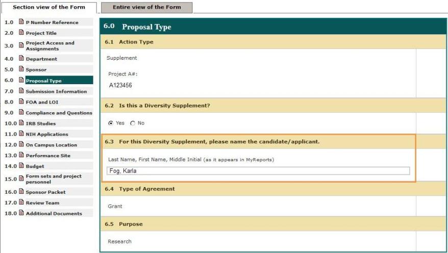 Screenshot of eProposal sample record with the Proposal Type marked as a Diversity Supplement